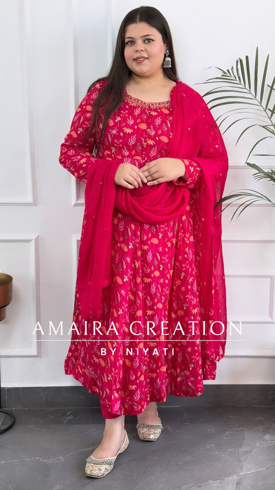 Premium Chinnon Magenta Pink Anarkali Set