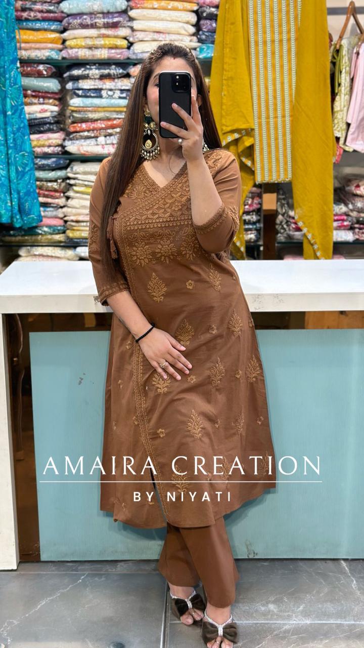 Lakhnavi Chikankari Angrakha Kurta Pant Set(A-Line)