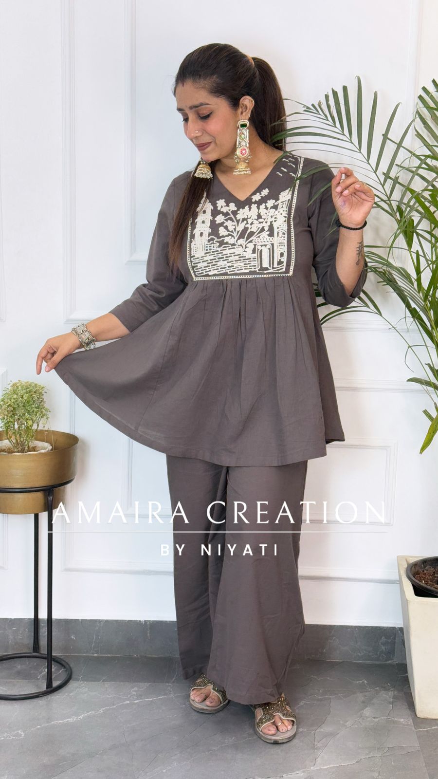 Grey Thread Embroidered Flex Cotton Cord Set