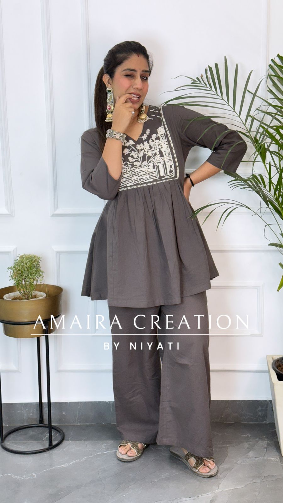 Grey Thread Embroidered Flex Cotton Cord Set