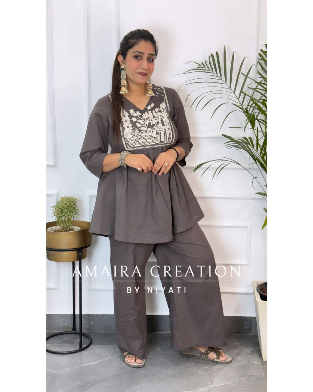 Grey Thread Embroidered Flex Cotton Cord Set