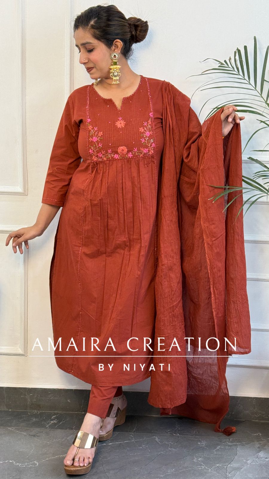 Orange Color Cotton A Line Thread Embroidery Pant Set