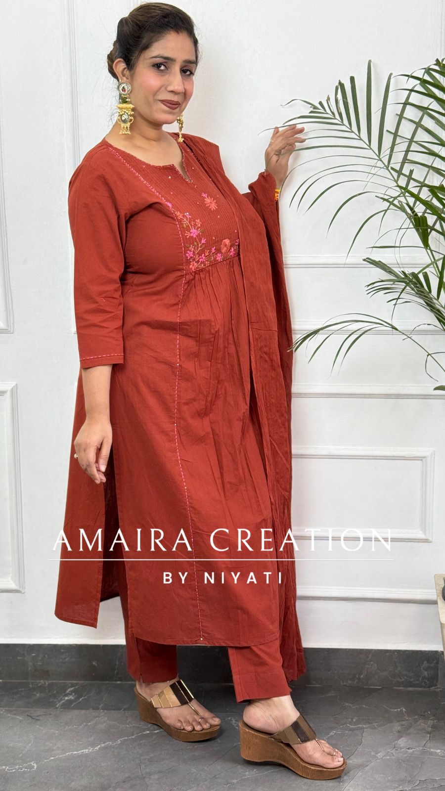 Orange Color Cotton A Line Thread Embroidery Pant Set
