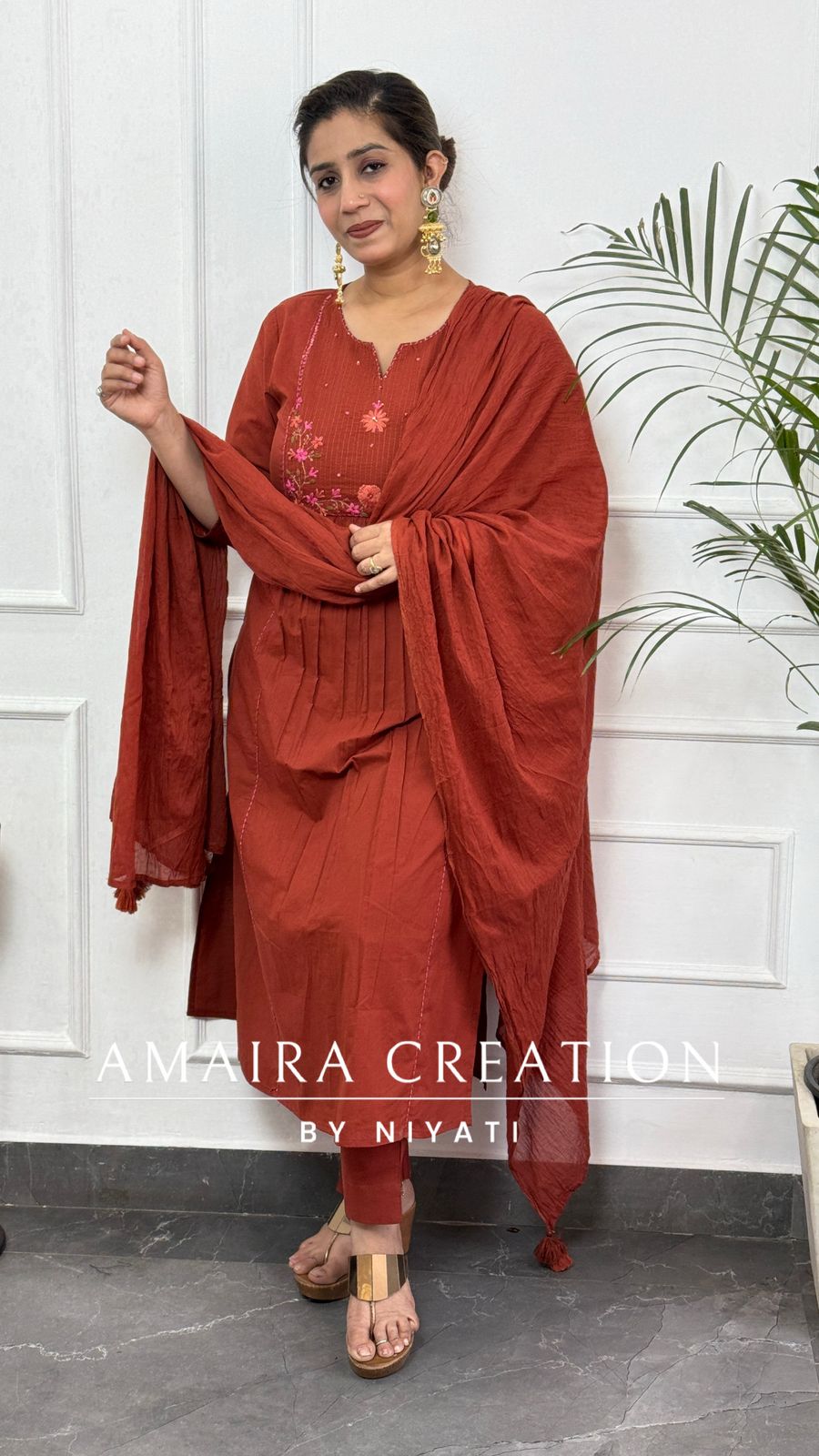Orange Color Cotton A Line Thread Embroidery Pant Set