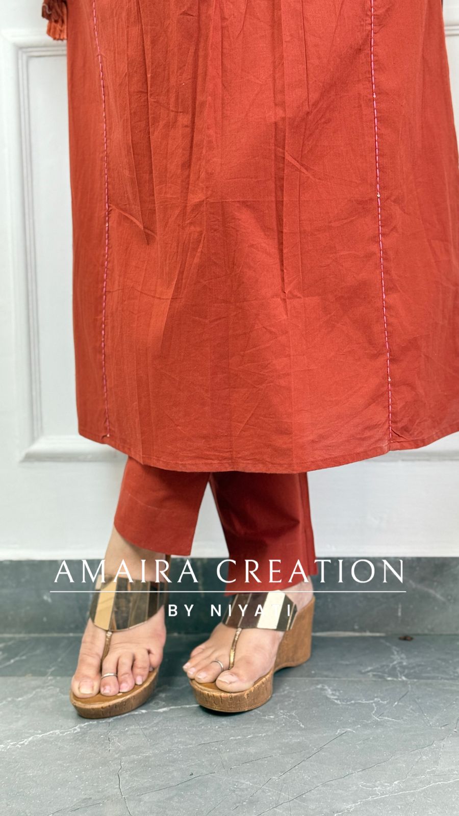 Orange Color Cotton A Line Thread Embroidery Pant Set