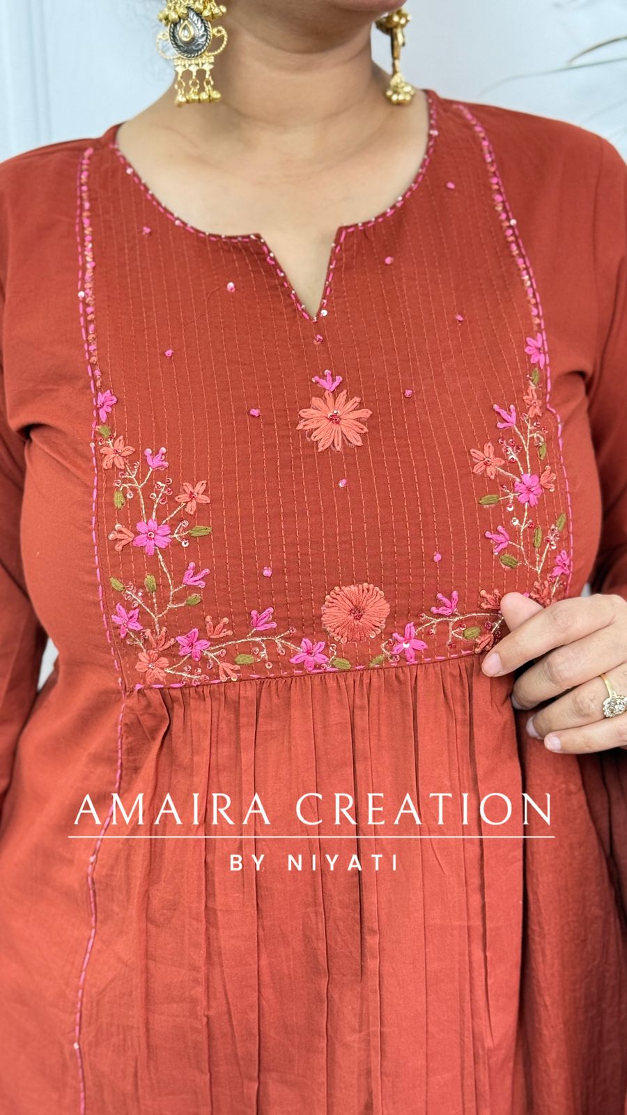Orange Color Cotton A Line Thread Embroidery Pant Set