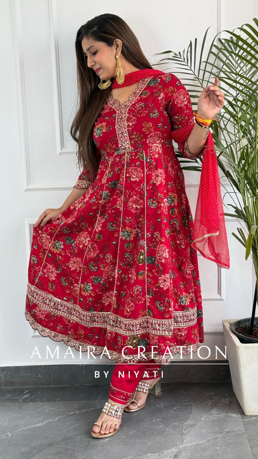 Red Printed Cotton Anarkali Set