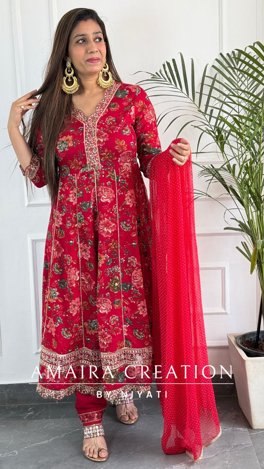 Red Printed Cotton Anarkali Set