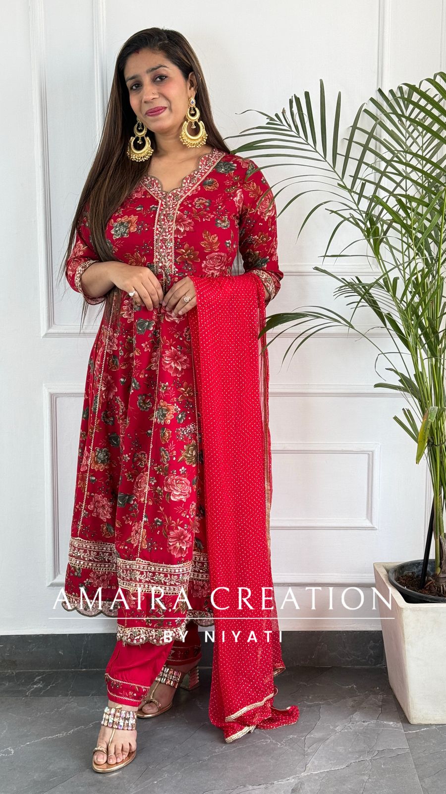 Red Printed Cotton Anarkali Set