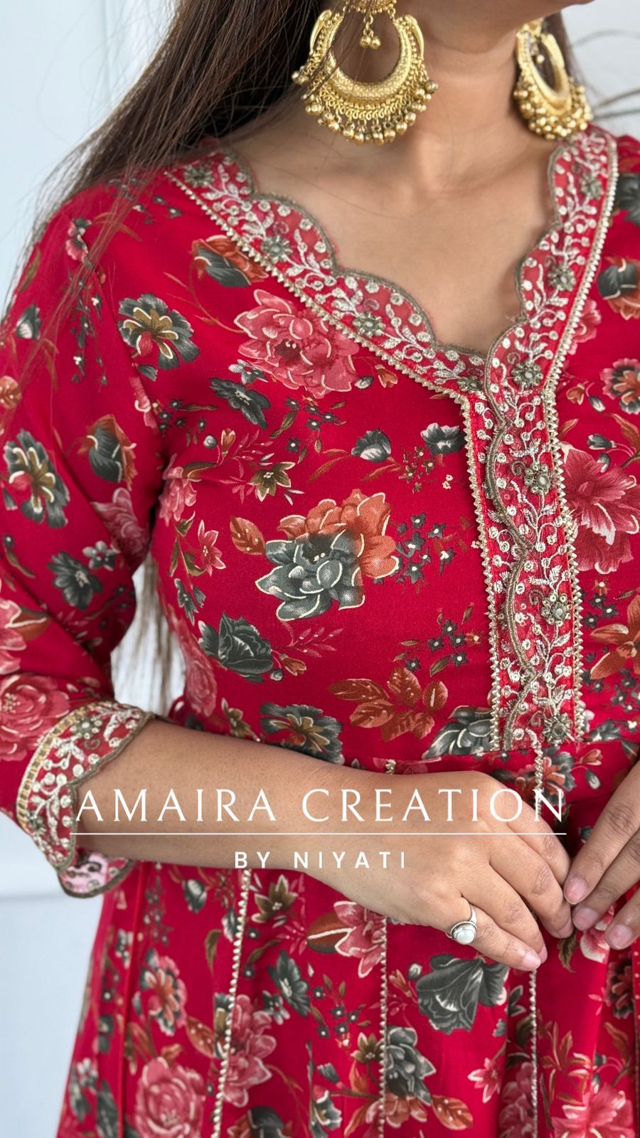 Red Printed Cotton Anarkali Set