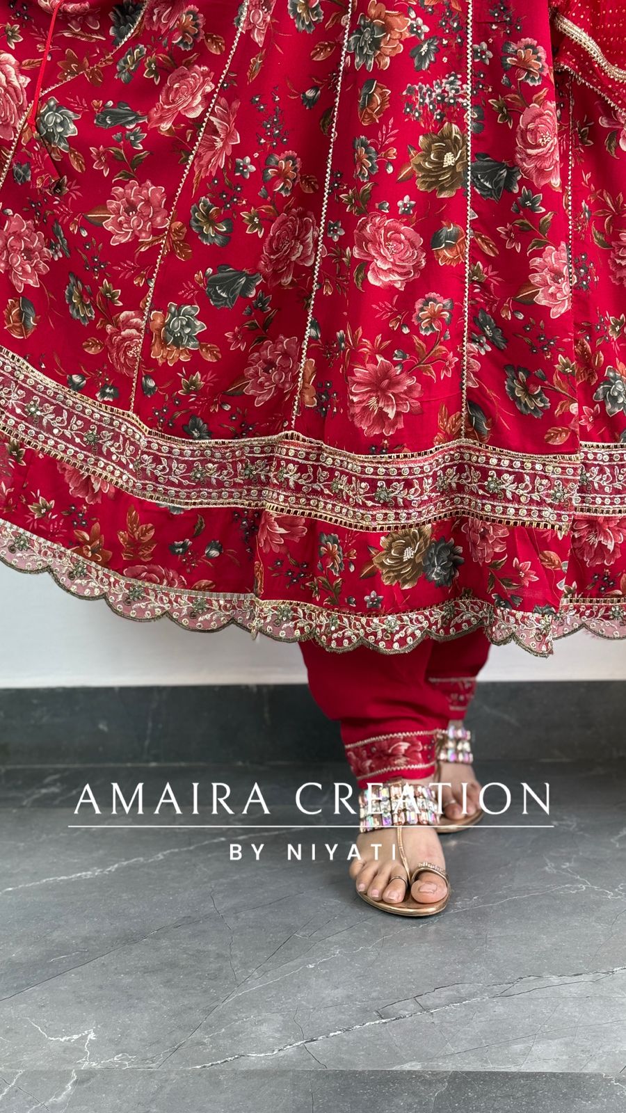 Red Printed Cotton Anarkali Set