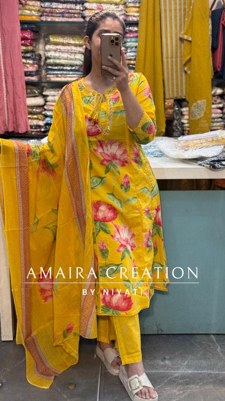 Yellow Floral Printed A Line Cotton Set