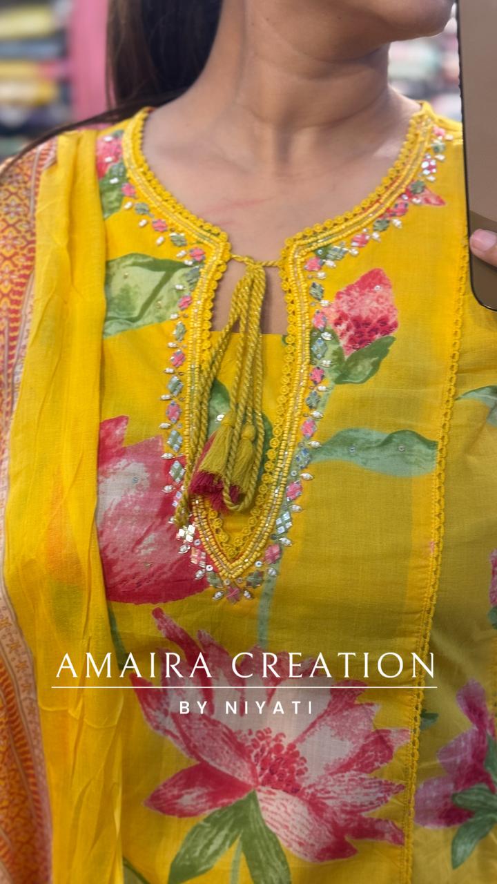 Yellow Floral Printed A Line Cotton Set