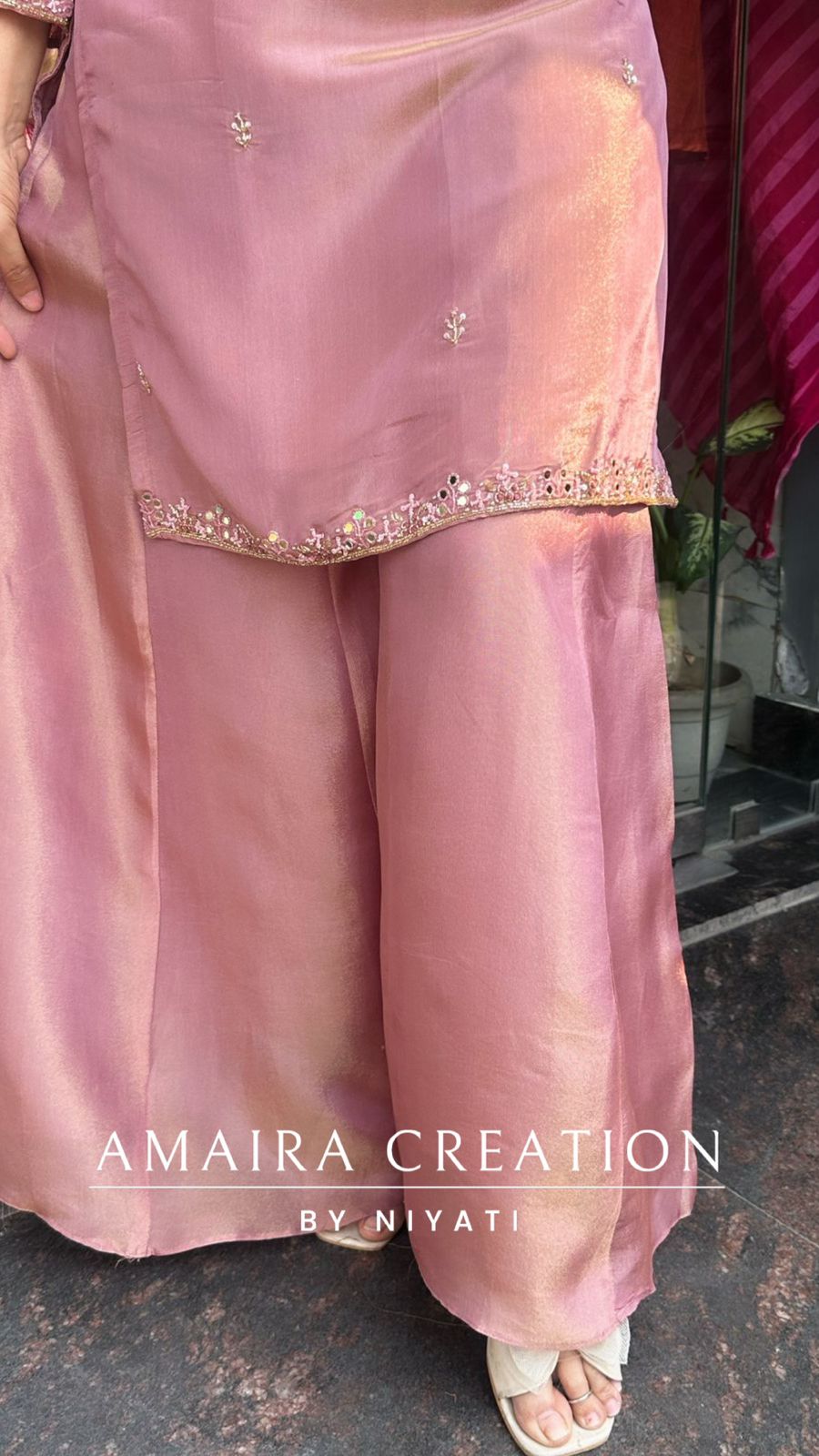 Mauve Glass Tissue Plazo Set With Organza Dupatta