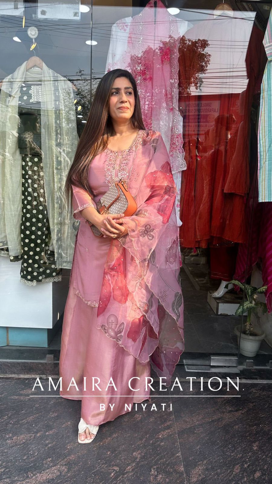 Mauve Glass Tissue Plazo Set With Organza Dupatta