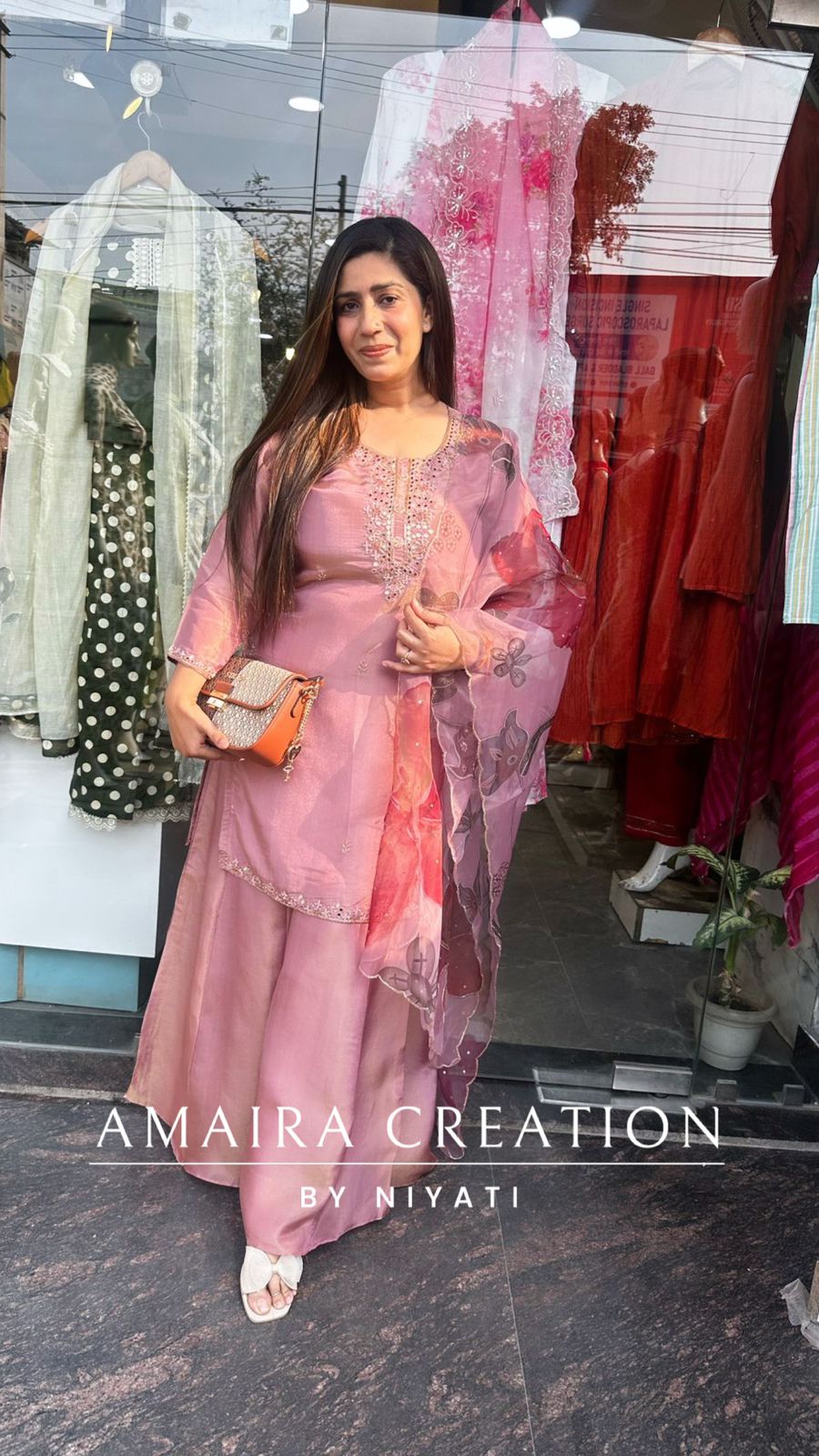 Mauve Glass Tissue Plazo Set With Organza Dupatta