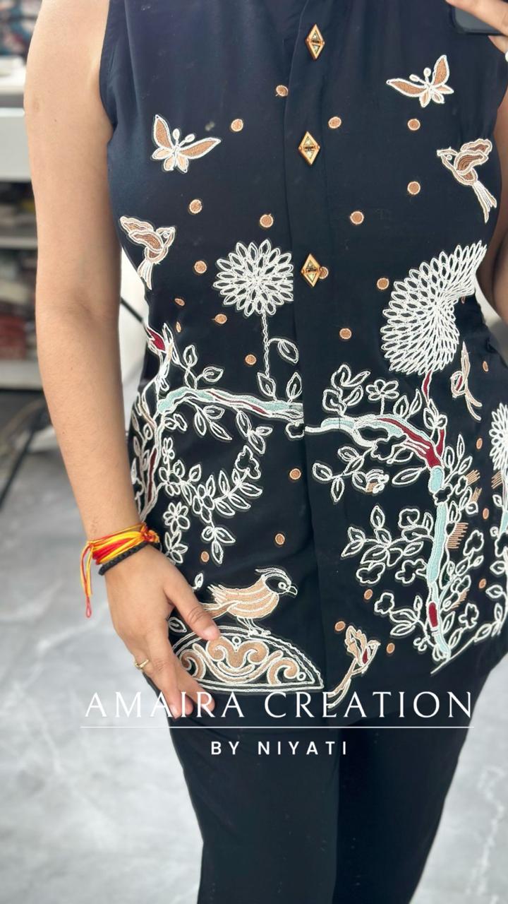 Black Color Reyon Fabric Thread Embroidered Cord Set (17 Inches Sleeves Available)