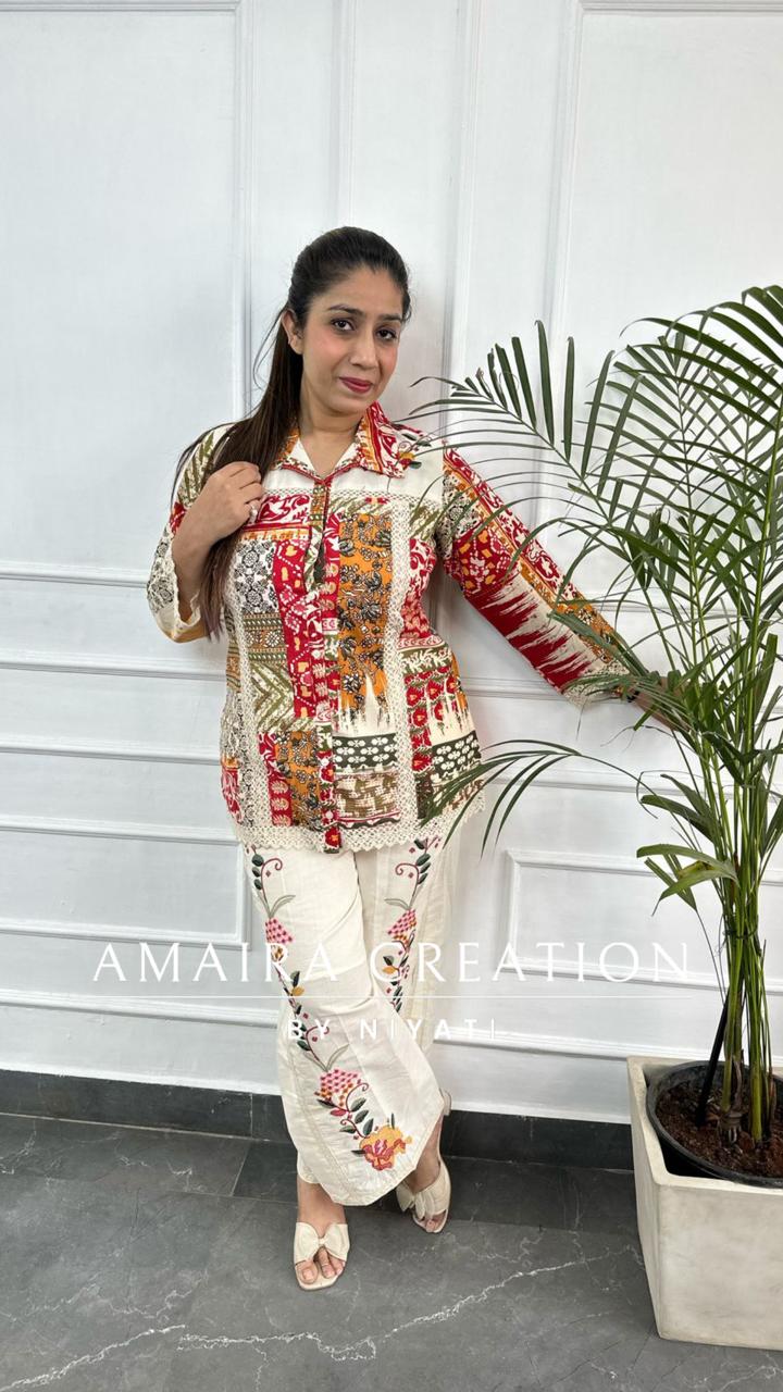 Multi Color Cotton Cord Set With Thread Embroidered Plazo