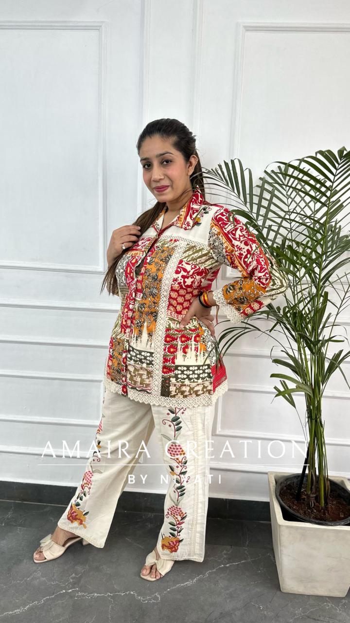 Multi Color Cotton Cord Set With Thread Embroidered Plazo
