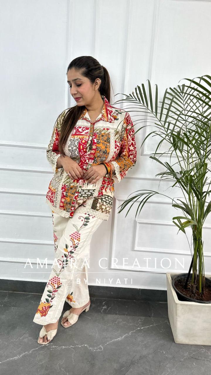 Multi Color Cotton Cord Set With Thread Embroidered Plazo