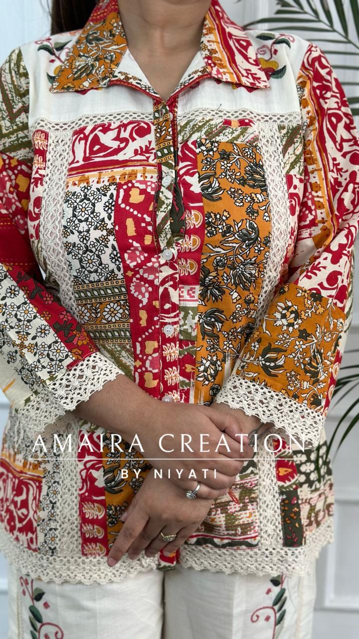 Multi Color Cotton Cord Set With Thread Embroidered Plazo