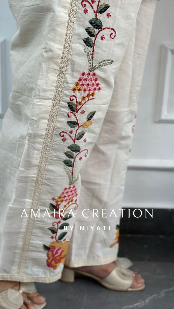 Multi Color Cotton Cord Set With Thread Embroidered Plazo