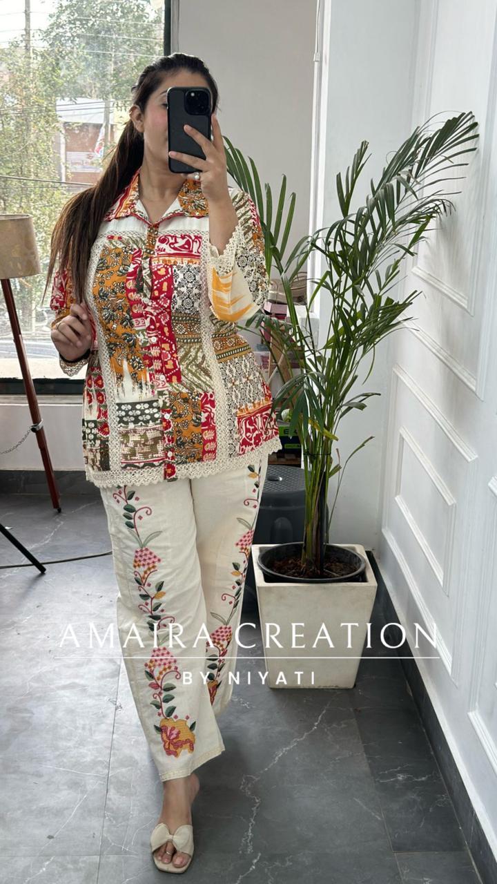 Multi Color Cotton Cord Set With Thread Embroidered Plazo