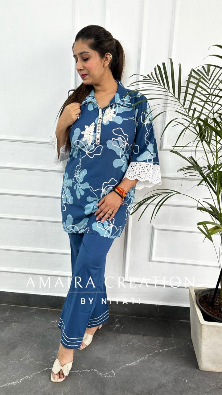 Blue Floral Printed Cotton Cord Set