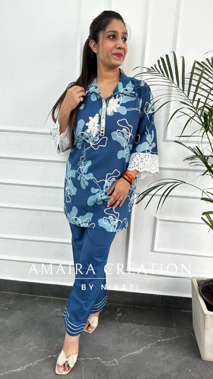 Blue Floral Printed Cotton Cord Set