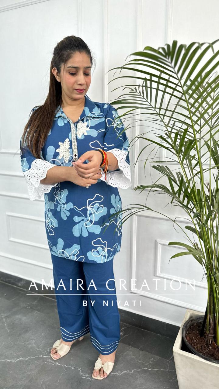 Blue Floral Printed Cotton Cord Set