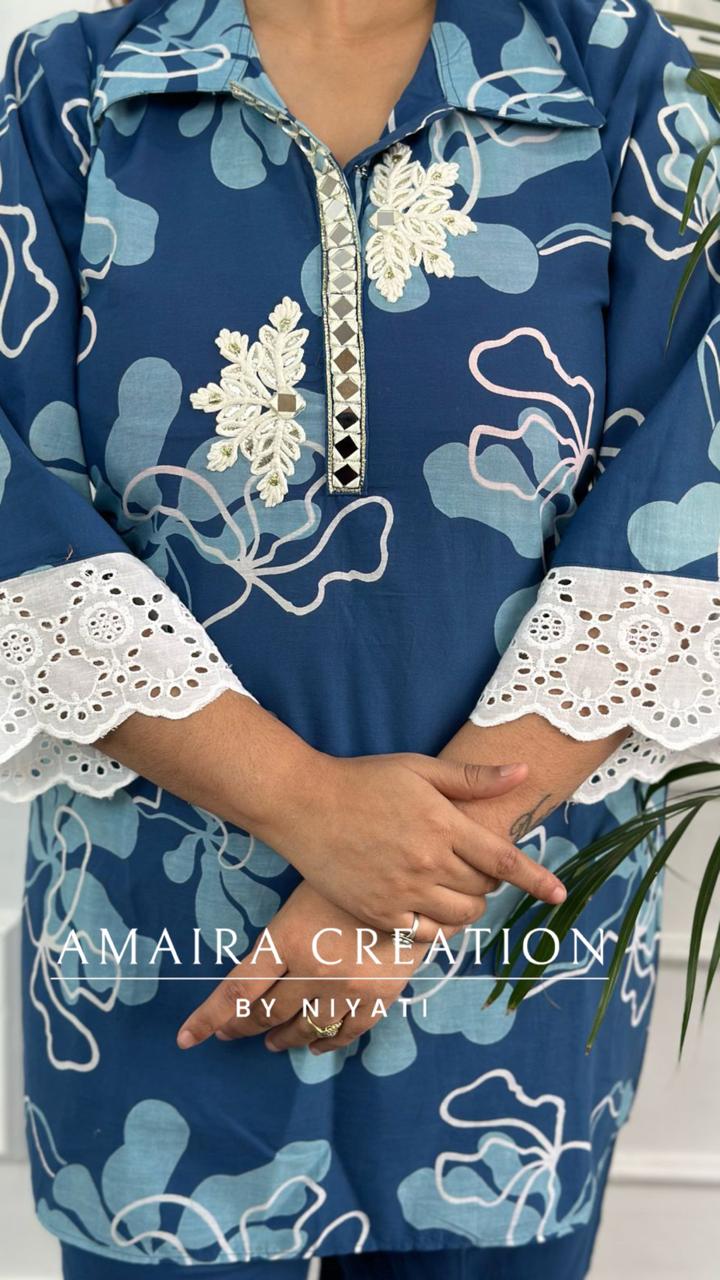 Blue Floral Printed Cotton Cord Set