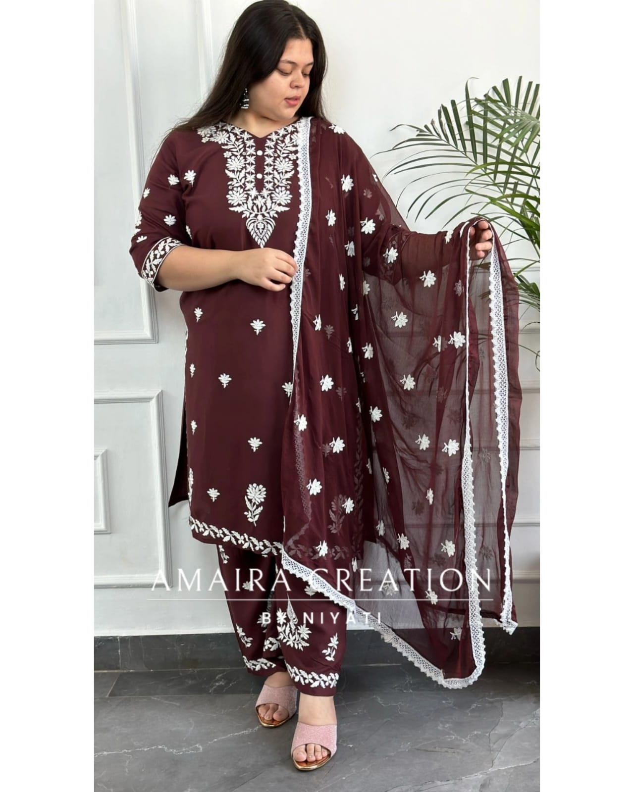 Brown Color Reyon Chickenkari Suit With Chiffon Dupatta