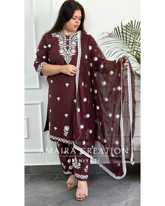Brown Color Reyon Chickenkari Suit With Chiffon Dupatta