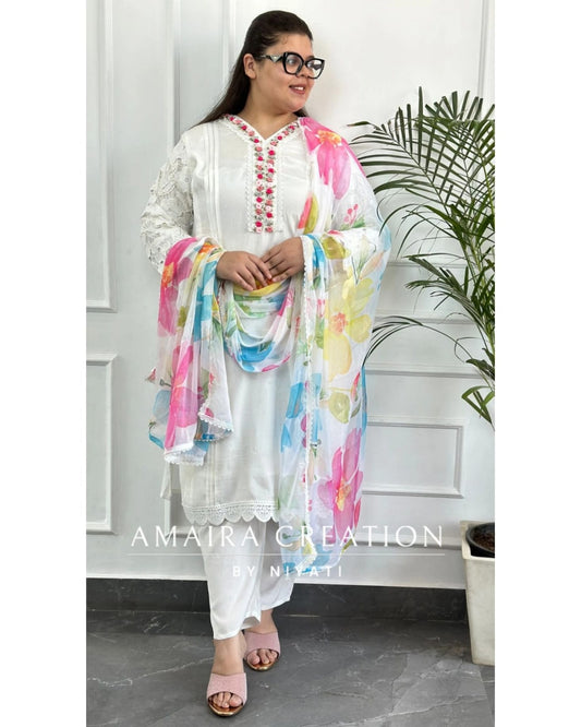White Silk Pakistani Suit With Colourful Chiffon Dupatta