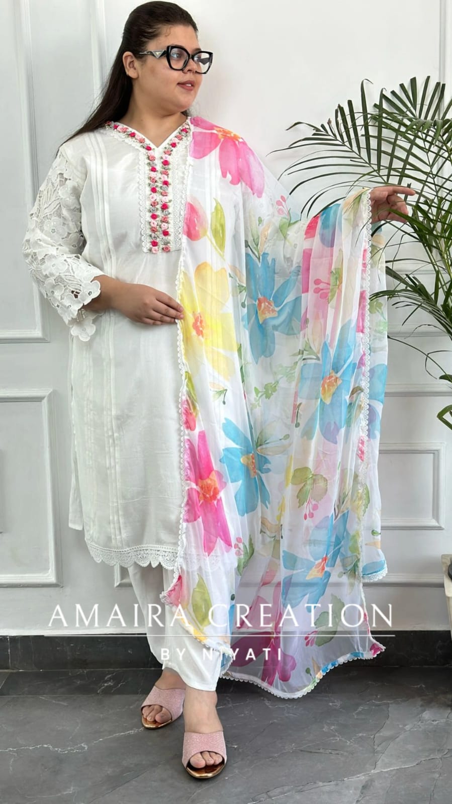 White Slik Pakistani Suit With Colourful Chiffon Dupatta