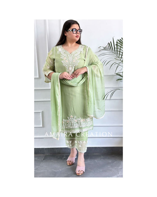 Pista Green Organza Fabric Thread Embroidered Suit