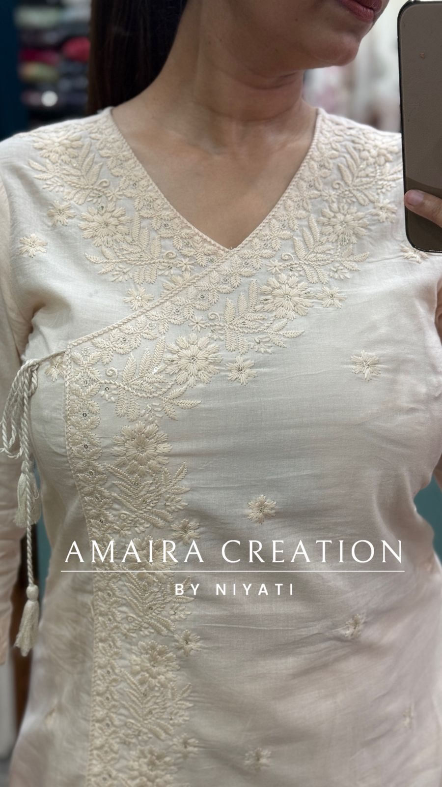 Beige Cotton Lakhnavi Angrakha A Line Pants Set