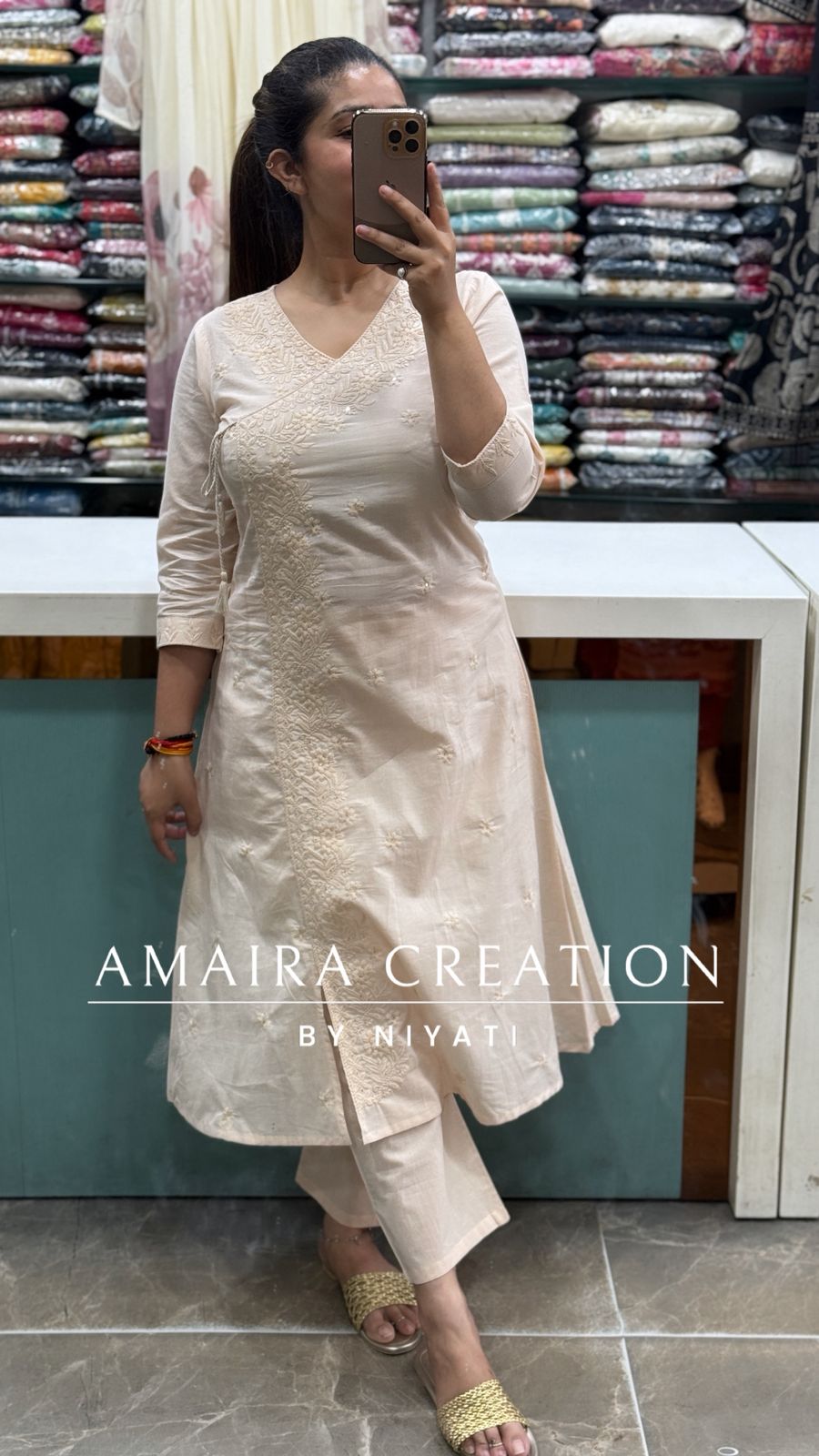 Beige Cotton Lakhnavi Angrakha A Line Pants Set
