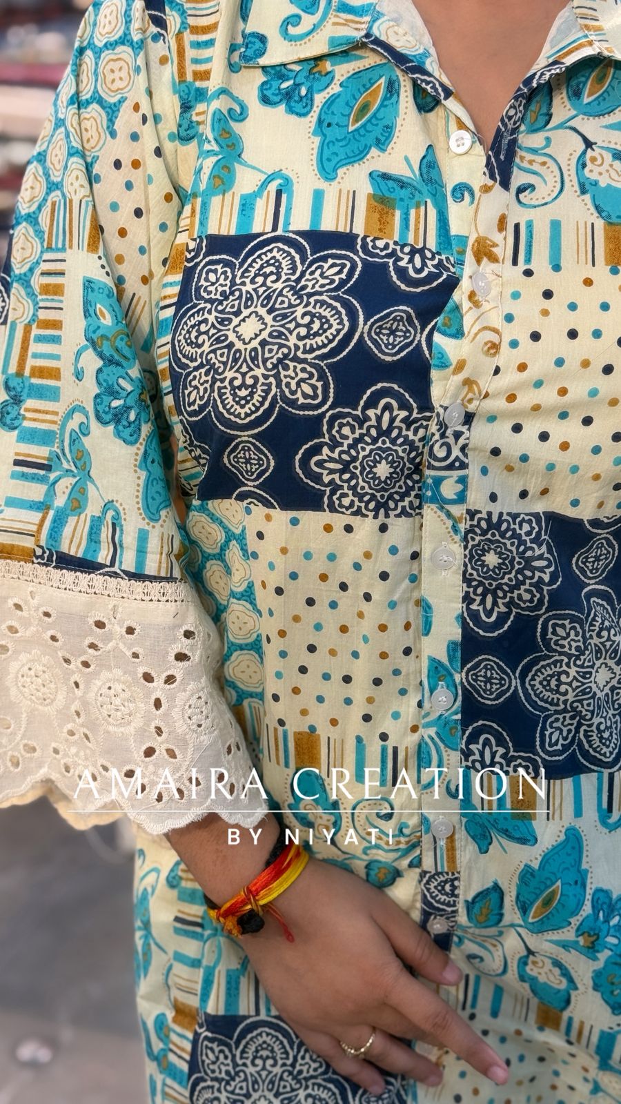 White And Blue Cotton Coord Set With Schiffli detailing Plazo