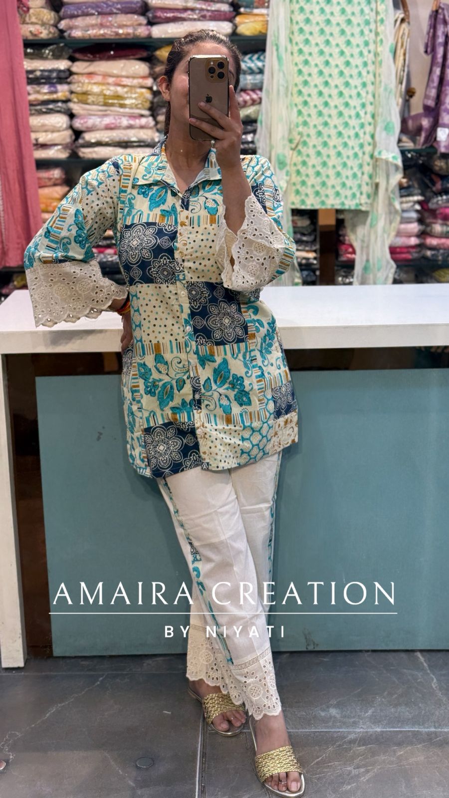 White And Blue Cotton Coord Set With Schiffli detailing Plazo