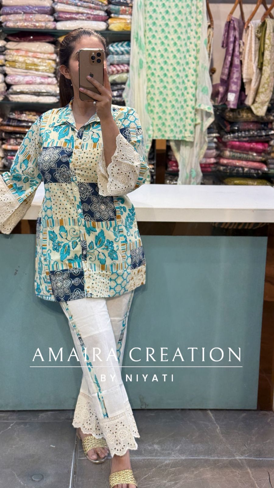 White And Blue Cotton Coord Set With Schiffli detailing Plazo