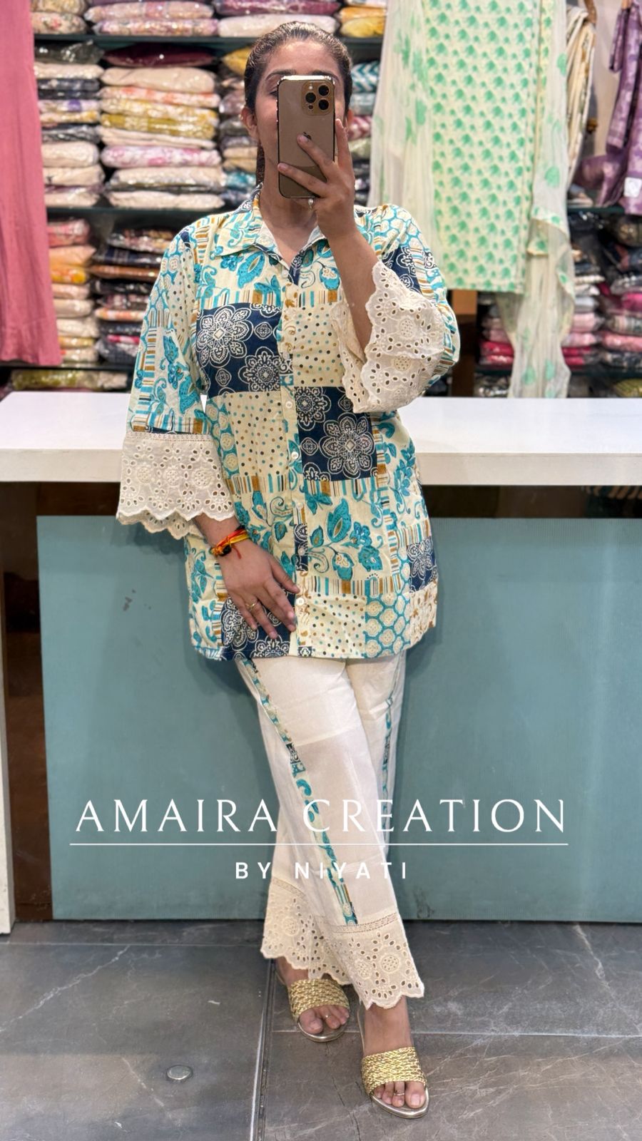 White And Blue Cotton Coord Set With Schiffli detailing Plazo