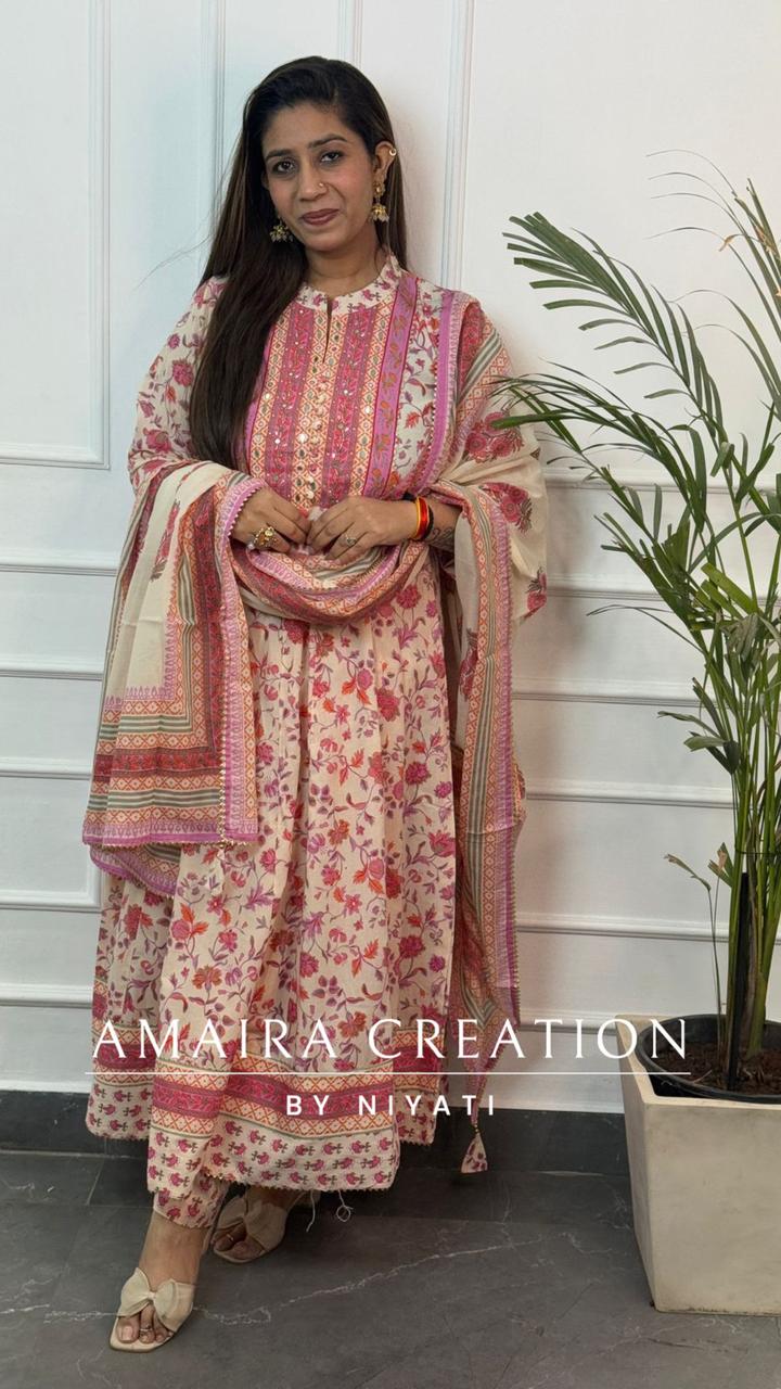 Cream Floral Print Cotton Anarkali Set