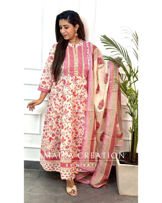 Cream Floral Print Cotton Anarkali Set