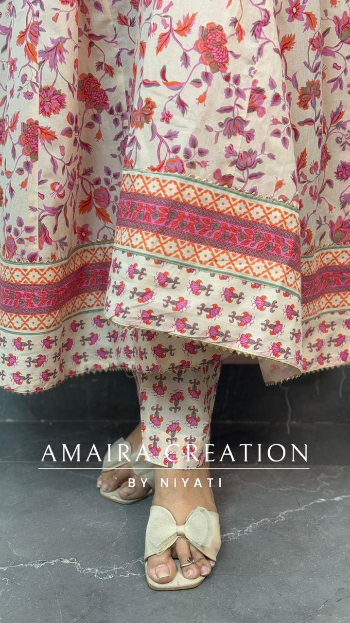 Cream Floral Print Cotton Anarkali Set