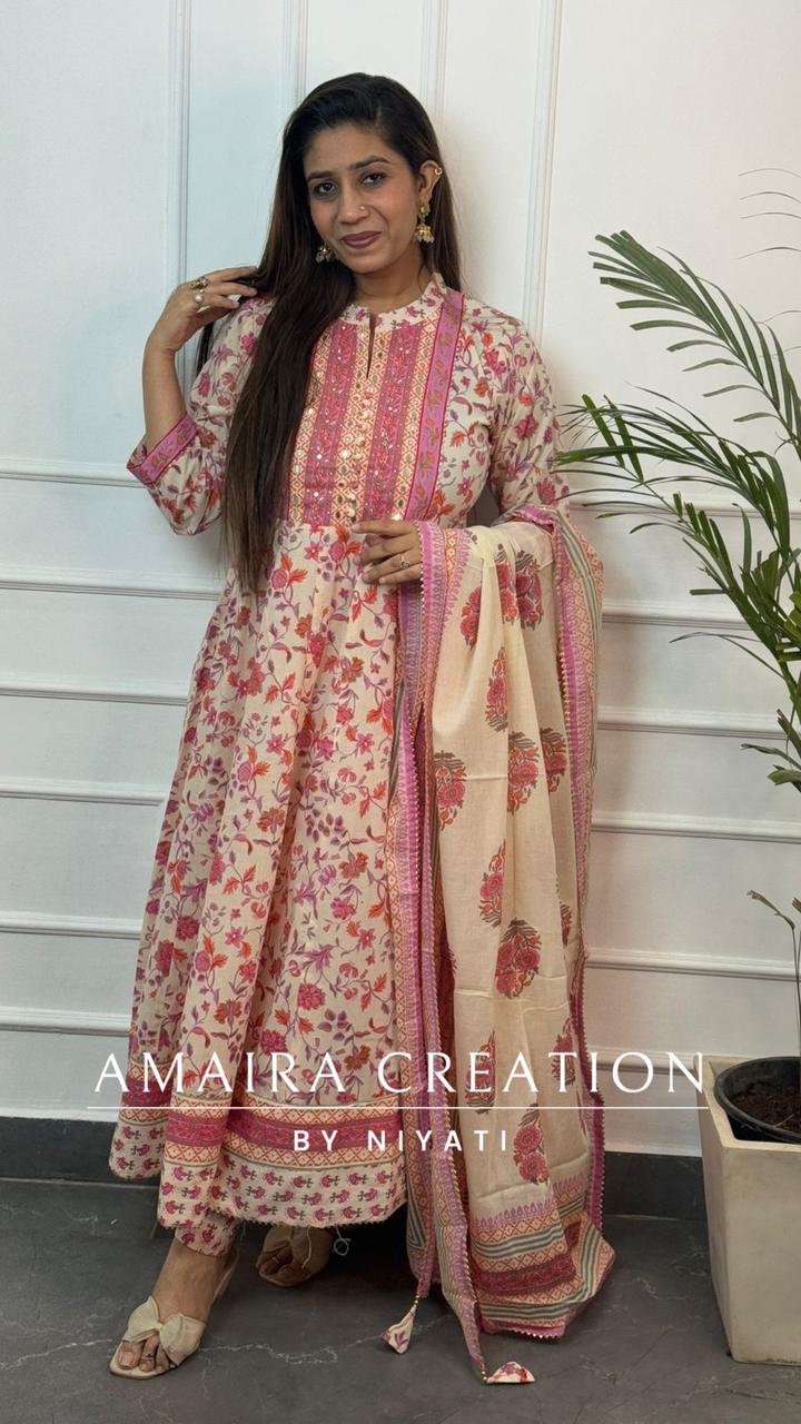 Cream Floral Print Cotton Anarkali Set