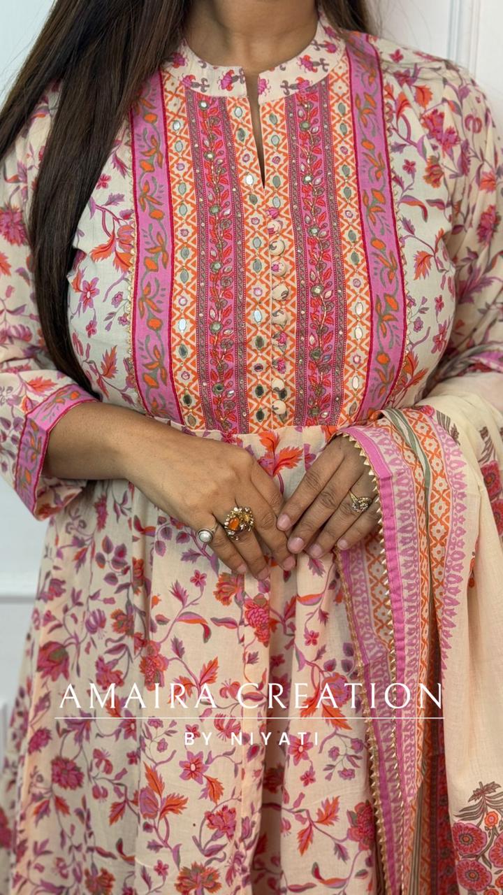 Cream Floral Print Cotton Anarkali Set