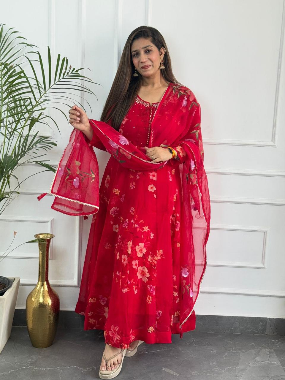 Vibrant Red Organza Anarkali Set