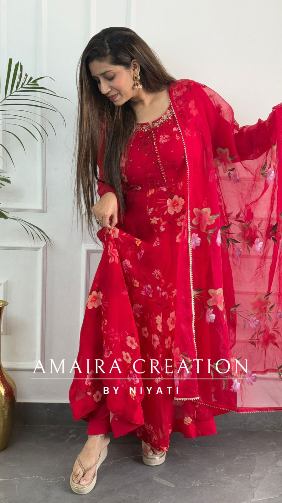 Vibrant Red Organza Anarkali Set