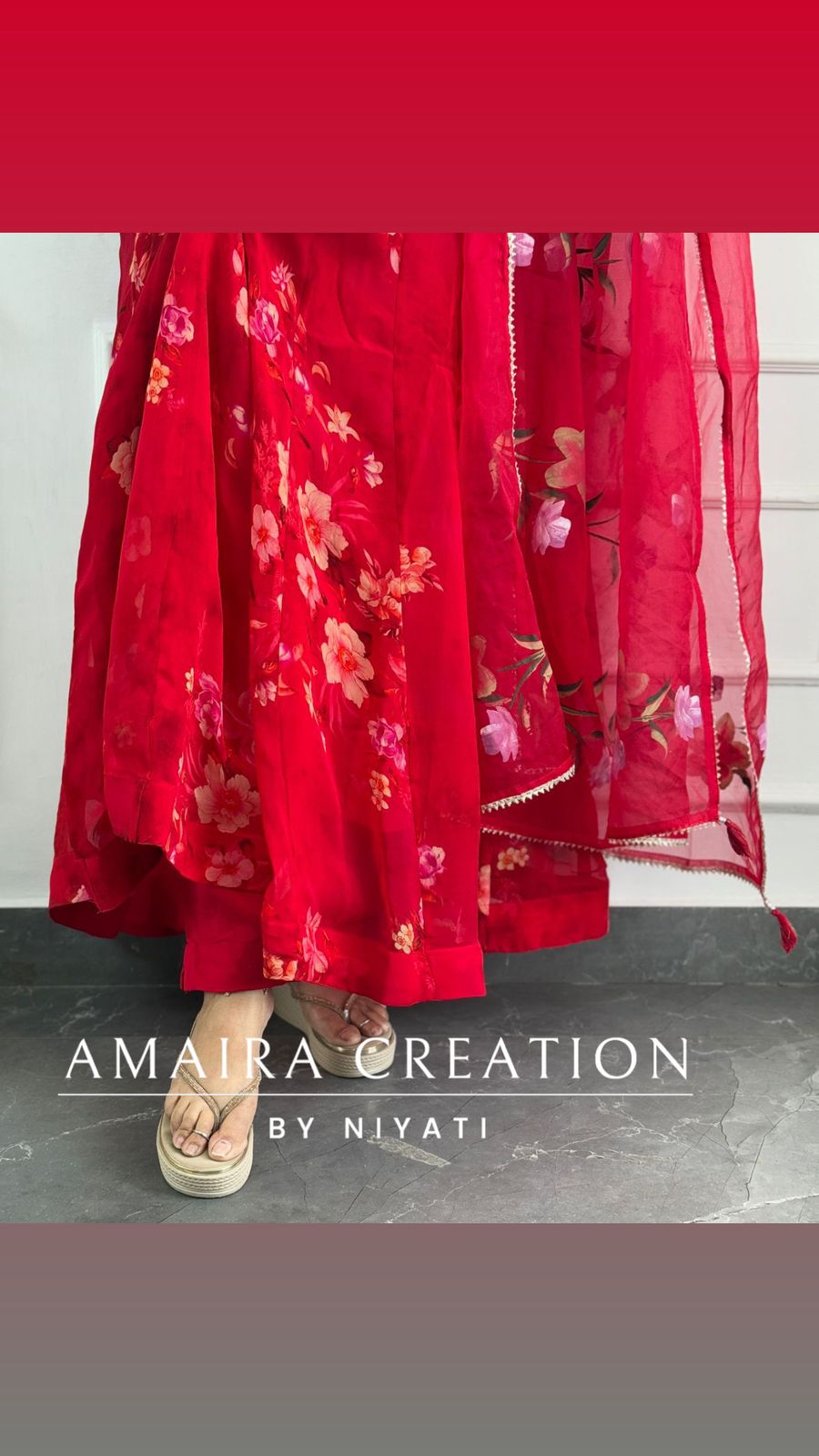 Vibrant Red Organza Anarkali Set